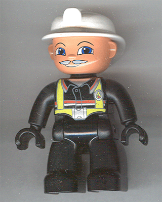 Duplo Figure Lego Ville, Male Fireman, Black Legs, Black Hands, White Helmet, Light Gray Moustache