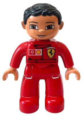 Duplo Figure Lego Ville, Male, Red Legs, Red Top with Ferrari / Shell / Vodafone Pattern, Black Hair (4242617)