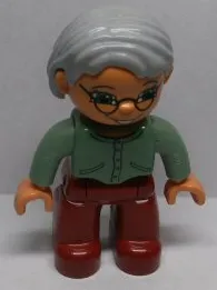 Duplo Figure Lego Ville, Female, Dark Red Legs, Sand Green Sweater, Light Gray Hair, Green Eyes, Glasses