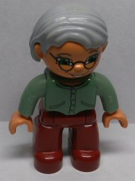 Duplo Figure Lego Ville, Female, Dark Red Legs, Sand Green Sweater, Light Gray Hair, Green Eyes, Glasses