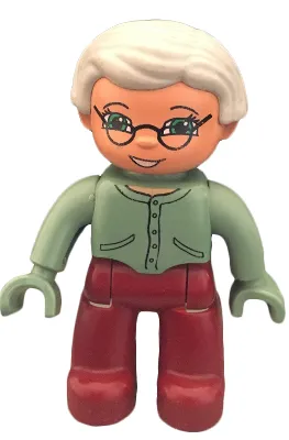 Duplo Figure Lego Ville, Female, Dark Red Legs, Sand Green Sweater and Hands, Very Light Gray Hair, Green Eyes, Glasses