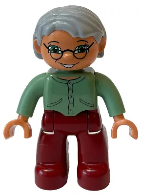 Duplo Figure Lego Ville, Female, Dark Red Legs, Sand Green Sweater, Light Bluish Gray Hair, Green Eyes, Glasses