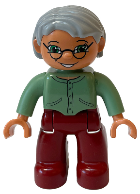 Duplo Figure Lego Ville, Female, Dark Red Legs, Sand Green Sweater, Light Bluish Gray Hair, Green Eyes, Glasses