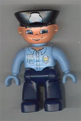 Duplo Figure Lego Ville, Male Police, Dark Blue Legs, Light Blue Top with Badge, Light Blue Hands, Black Hat