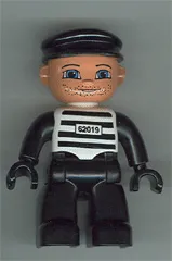 Duplo Figure Lego Ville, Male, Black Legs, Black and White Striped Top with Number 62019, Black Arms and Hands, Black Cap (Prisoner)