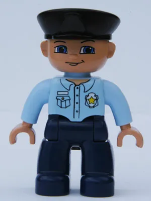 Duplo Figure Lego Ville, Male Police, Black Hat, Nougat Head and Hands, Bright Light Blue Shirt with Badge, Dark Blue Legs