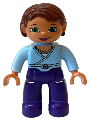 Duplo Figure Lego Ville, Female, Dark Purple Legs, Bright Light Blue Wrap Top with Necklace, Nougat Hands, Reddish Brown Hair, Green Eyes