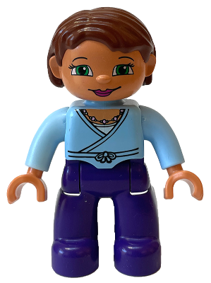 Duplo Figure Lego Ville, Female, Dark Purple Legs, Bright Light Blue Wrap Top with Necklace, Nougat Hands, Reddish Brown Hair, Green Eyes