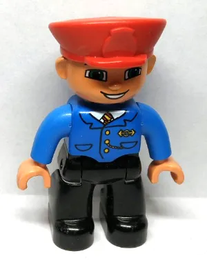 Duplo Figure Lego Ville, Male Train Conductor, Black Legs, Blue Jacket with Tie, Nougat Hands, Red Hat, Smile with Teeth