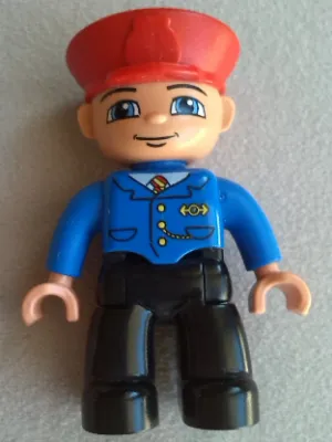 Duplo Figure Lego Ville, Male Train Conductor, Red Hat, Smile with Closed Mouth, Blue Jacket with Yellow and Red Tie, Black Legs