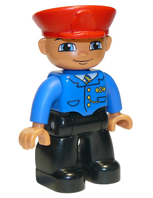 Duplo Figure Lego Ville, Male Train Conductor, Red Hat, Smile with Closed Mouth, Blue Jacket with Yellow and Blue Tie, Black Legs