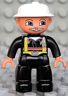 Duplo Figure Lego Ville, Male Fireman, Black Legs, Nougat Hands, White Helmet, Light Gray Moustache