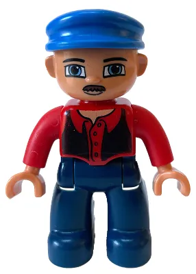 Duplo Figure Lego Ville, Male, Dark Blue Legs, Red Top with Black Vest, Nougat Hands, Blue Cap, Blue Eyes, Moustache