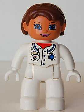 Duplo Figure Lego Ville, Female Medic, White Legs, White Top with Pocket and EMT Star of Life Pattern, Reddish Brown Hair, Blue Eyes, White Hands
