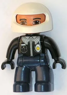 Duplo Figure Lego Ville, Male Police, Dark Blue Legs, Black Top with Badge, Black Arms and Hands, White Helmet