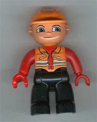 Duplo Figure Lego Ville, Male, Black Legs, Orange Vest, Orange Construction Helmet, Red Hands