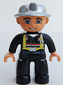 Duplo Figure Lego Ville, Male Fireman, Black Legs, Nougat Hands, Silver Helmet, Blue Eyes (4558027)