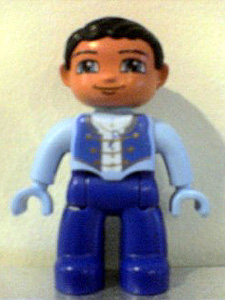 Duplo Figure Lego Ville, Male, Dark Royal Blue Legs, Bright Light Blue Top with Straps and Key Necklace, Bright Light Blue Hands, Black Hair