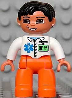 Duplo Figure Lego Ville, Male Medic, Orange Legs, White Top with ID Badge and EMT Star of Life Pattern, Black Hair, Brown Eyes