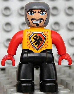 Duplo Figure Lego Ville, Male Castle, Black Legs, Bright Light Orange Chest, Red Arms, Red Hands, Wide Crooked Grin