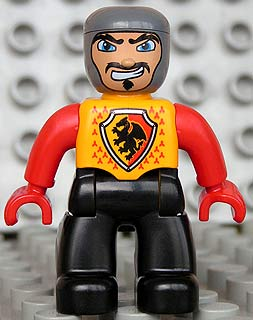 Duplo Figure Lego Ville, Male Castle, Black Legs, Bright Light Orange Chest, Red Arms, Red Hands, Wide Crooked Grin
