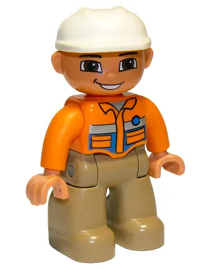 Duplo Figure Lego Ville, Male, Dark Tan Legs, Orange Shirt, Brown Eyes, White Construction Helmet, Blue Button