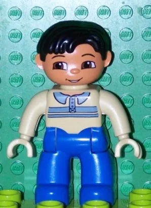Duplo Figure Lego Ville, Male, Blue Legs, Tan Pullover with Buttons and Stripes, Black Hair, Brown Eyes, Tan Hands