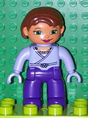Duplo Figure Lego Ville, Female, Dark Purple Legs, Light Lilac Wrap Top with Necklace, Light Lilac Hands, Reddish Brown Hair, Green Eyes