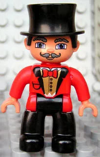 Duplo Figure Lego Ville, Male Circus Ringmaster, Black Legs, Red Top with Bow Tie, Top Hat, Blue Eyes (4611994)