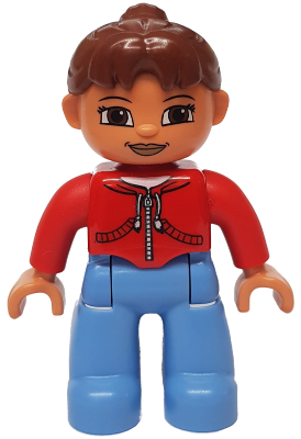 Duplo Figure Lego Ville, Female, Medium Blue Legs, Red Jacket with White Zipper and Pockets, Reddish Brown Ponytail Hair