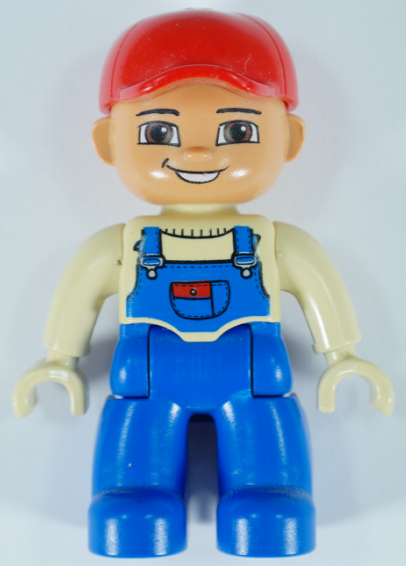 Duplo Figure Lego Ville, Male, Blue Legs, Tan Hands and Top with Blue Overalls, Red Baseball Cap