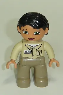 Duplo Figure Lego Ville, Female, Dark Tan Legs, Tan Top, Black Hair (Zoo Keeper)