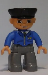 Duplo Figure Lego Ville, Male Post Office, Dark Bluish Gray Legs, Blue Jacket with Mail Horn, Black Police Hat, Smile with Teeth (4648961)