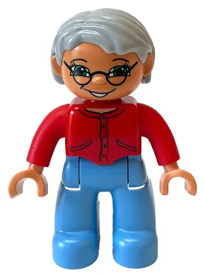 Duplo Figure Lego Ville, Female, Medium Blue Legs, Red Sweater, Light Bluish Gray Hair, Green Eyes, Glasses