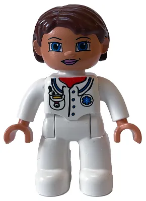 Duplo Figure Lego Ville, Female Medic, White Legs, White Top with Pocket and EMT Star of Life Pattern, Reddish Brown Hair, Blue Eyes