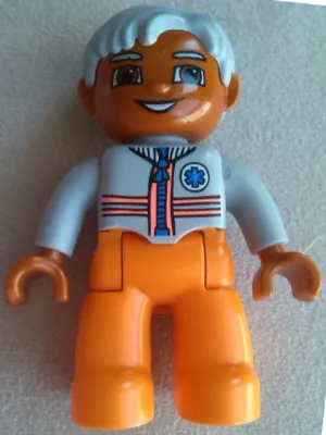 Duplo Figure Lego Ville, Male Medic, Orange Legs, Light Bluish Gray Top with Zipper, Stripes and EMT Star of Life Pattern, Light Bluish Gray Hair
