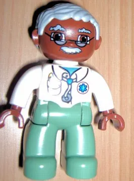 Duplo Figure Lego Ville, Male Medic, Sand Green Legs, White Top with Stethoscope, Light Bluish Gray Hair, Brown Head, Glasses, Moustache