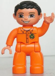 Duplo Figure Lego Ville, Male, Orange Legs, Nougat Hands, Orange Top with Recycle Logo, Black Hair, Brown Eyes