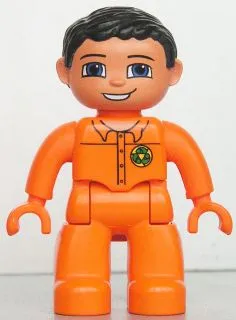 Duplo Figure Lego Ville, Male, Orange Legs, Orange Hands, Orange Top with Recycle Logo, Black Hair, Blue Eyes