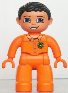 Duplo Figure Lego Ville, Male, Orange Legs, Orange Hands, Orange Top with Recycle Logo, Black Hair, Blue Eyes