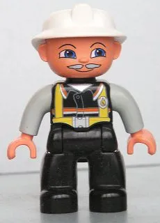 Duplo Figure Lego Ville, Male Fireman, Black Legs, Light Gray Arms, Nougat Hands, White Helmet, Light Gray Moustache