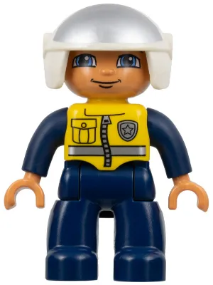 Duplo Figure Lego Ville, Male Police, Dark Blue Legs and Jumpsuit with Yellow Vest, White Helmet