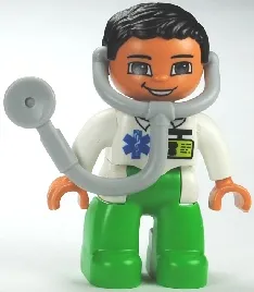 Duplo Figure Lego Ville, Male Medic, Bright Green Legs, White Top with ID Badge and EMT Star of Life Pattern, Attached Stethoscope