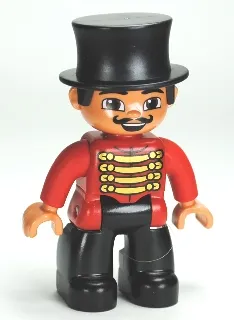 Duplo Figure Lego Ville, Male Circus Ringmaster, Black Legs, Red Top with Gold Braid, Top Hat, Brown Eyes (6023824)