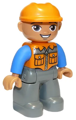 Duplo Figure Lego Ville, Male, Dark Bluish Gray Legs, Orange Vest with Zipper and Pockets, Orange Construction Helmet, Oval Eyes (6273398)