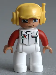Duplo Figure Lego Ville, Male, White Legs, White Race Top with Octan Logo, Yellow Cap with Headset