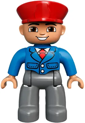 Duplo Figure Lego Ville, Male, Dark Bluish Gray Legs, Blue Jacket with Tie, Red Hat, Smile with Teeth (Train Conductor)