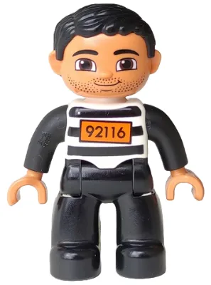 Duplo Figure Lego Ville, Male, Black Legs, Black and White Striped Top with Number 92116, Black Hair (Prisoner)