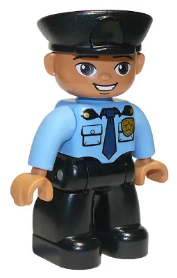 Duplo Figure Lego Ville, Male Police, Black Legs, Medium Blue Top with Badge, Black Hat, Oval Eyes
