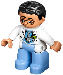 Duplo Figure Lego Ville, Male Medic, Medium Blue Legs, White Lab Coat, Stethoscope, Glasses, Black Hair